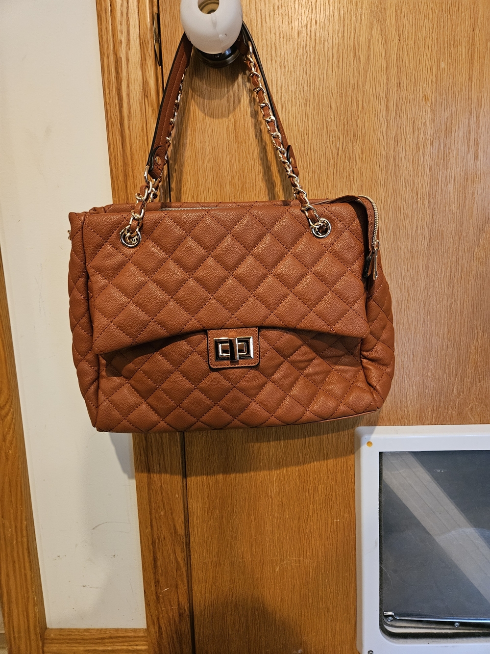 Quilted Chain-Handle Shoulder Bag in Brown